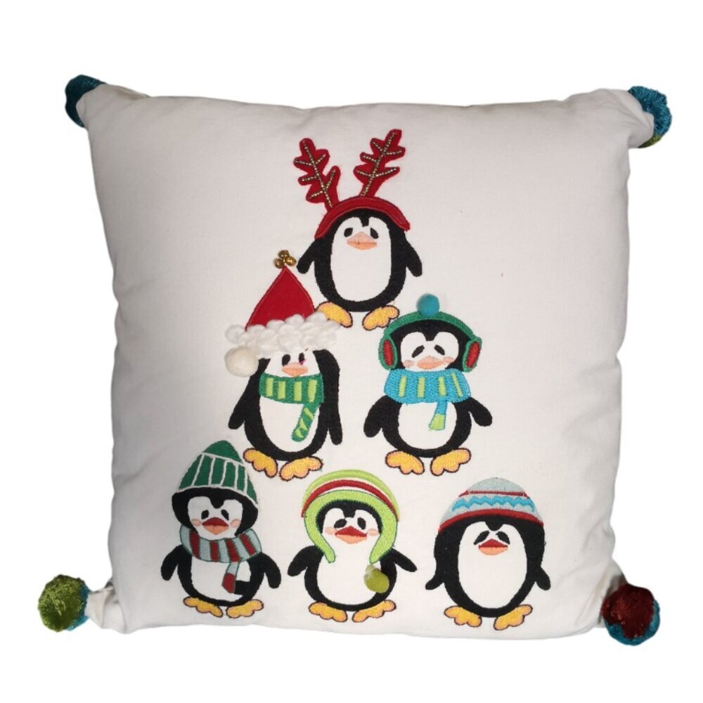 Pier 1 Embroidered Christmas Penguin‎ Pom Pom Holiday Accent Pillow 18" x18"